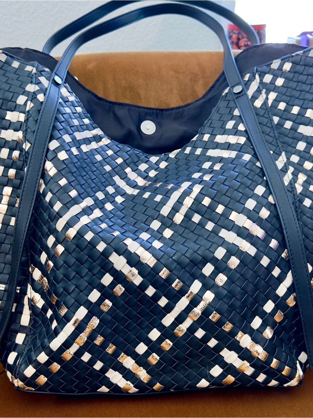 Woven Black Tote with Cream and Gold Accent Pattern